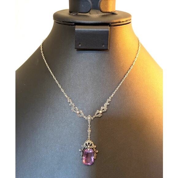 Antique Art Deco Sterling Amethyst Marcasite Filigree...